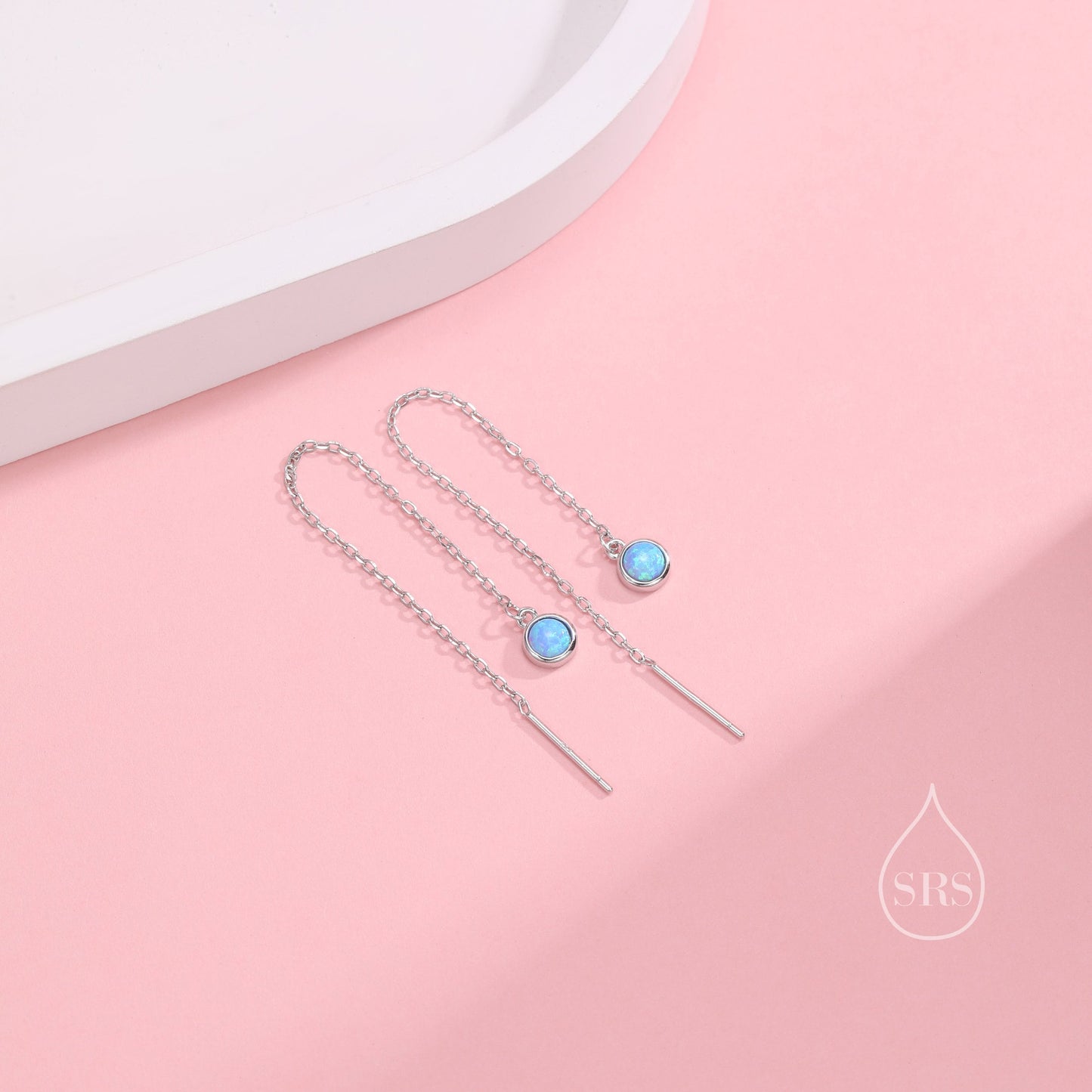 Sterling Silver Tiny Blue Opal Coin Ear Threader Earrings, Silver or Gold, Lab Opal Drop Earrings, Geometric Minimalist Threader Earrings