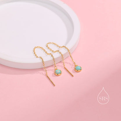 Sterling Silver Tiny Green Opal Coin Ear Threader Earrings, Silver or Gold, Lab Opal Drop Earrings, Geometric Minimalist Threader Earrings