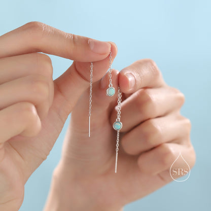 Sterling Silver Tiny Green Opal Coin Ear Threader Earrings, Silver or Gold, Lab Opal Drop Earrings, Geometric Minimalist Threader Earrings