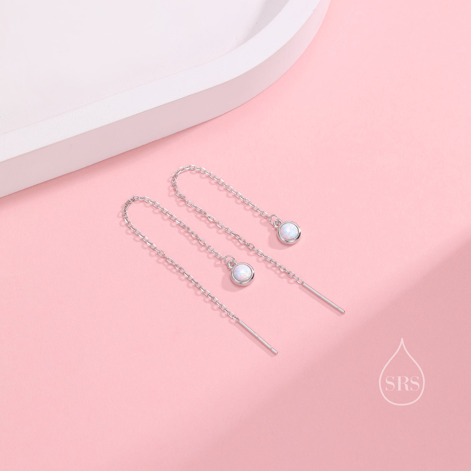 Sterling Silver Tiny White Opal Coin Ear Threader Earrings, Silver or Gold, Lab Opal Drop Earrings, Geometric Minimalist Threader Earrings