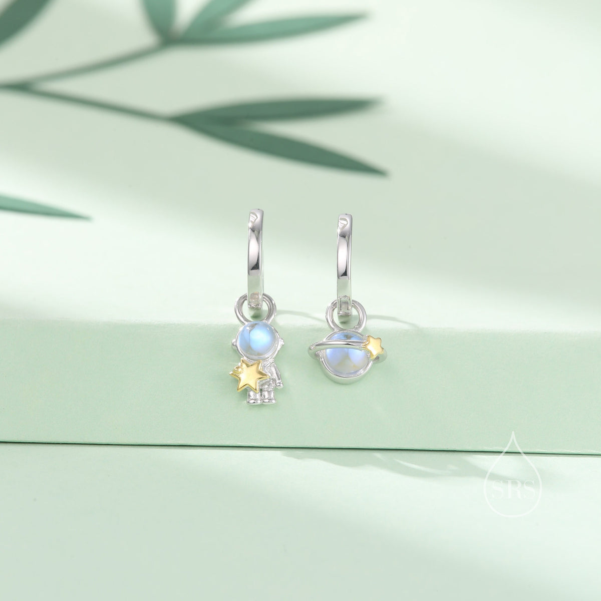 Mismatched Moonstone Astronaut and Planet Hoop Earrings