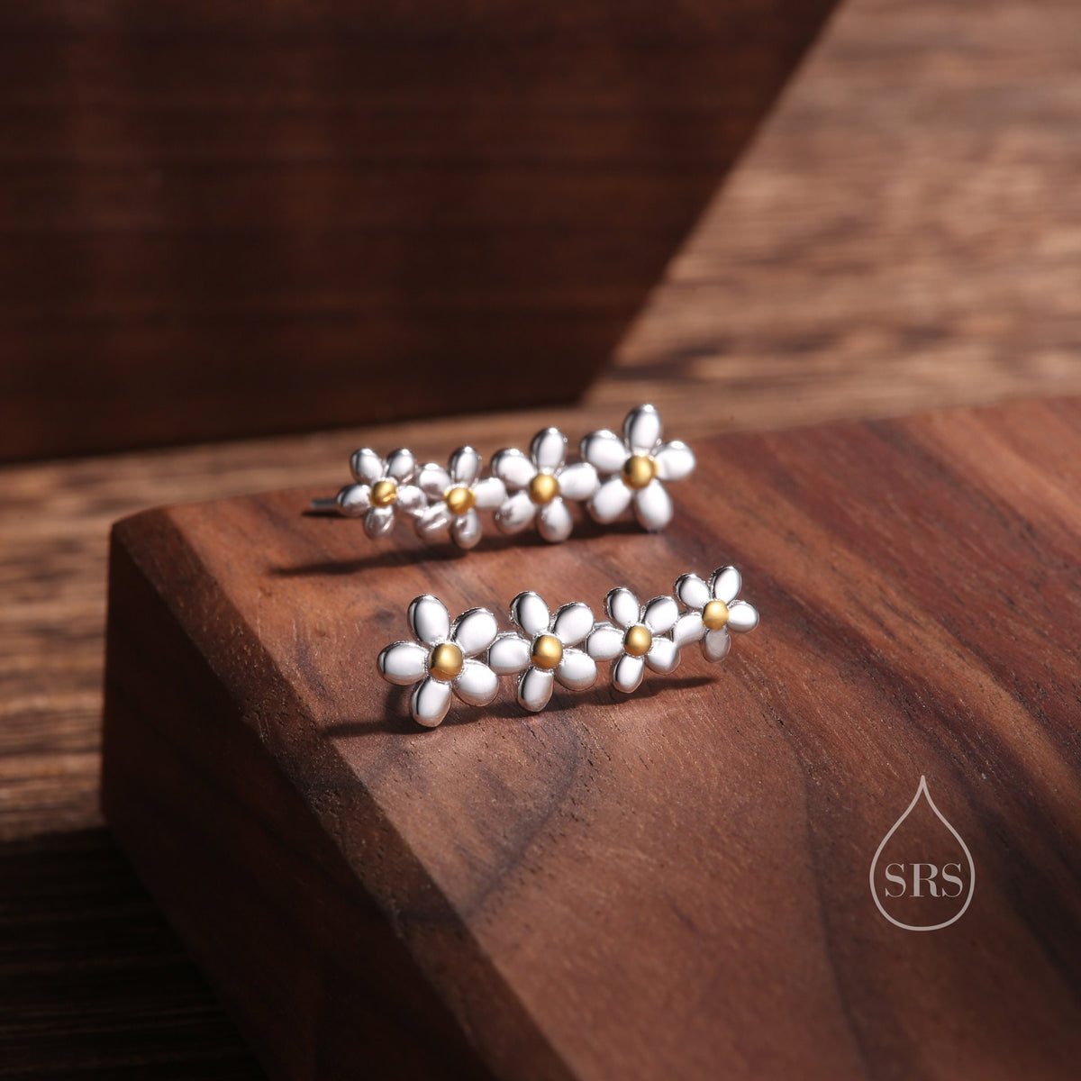 Forget-me-not Flower Crawler Earrings in Sterling Silver, Two Tone Finish, Daisy Chain, Flower Earrings, Ear Climbers