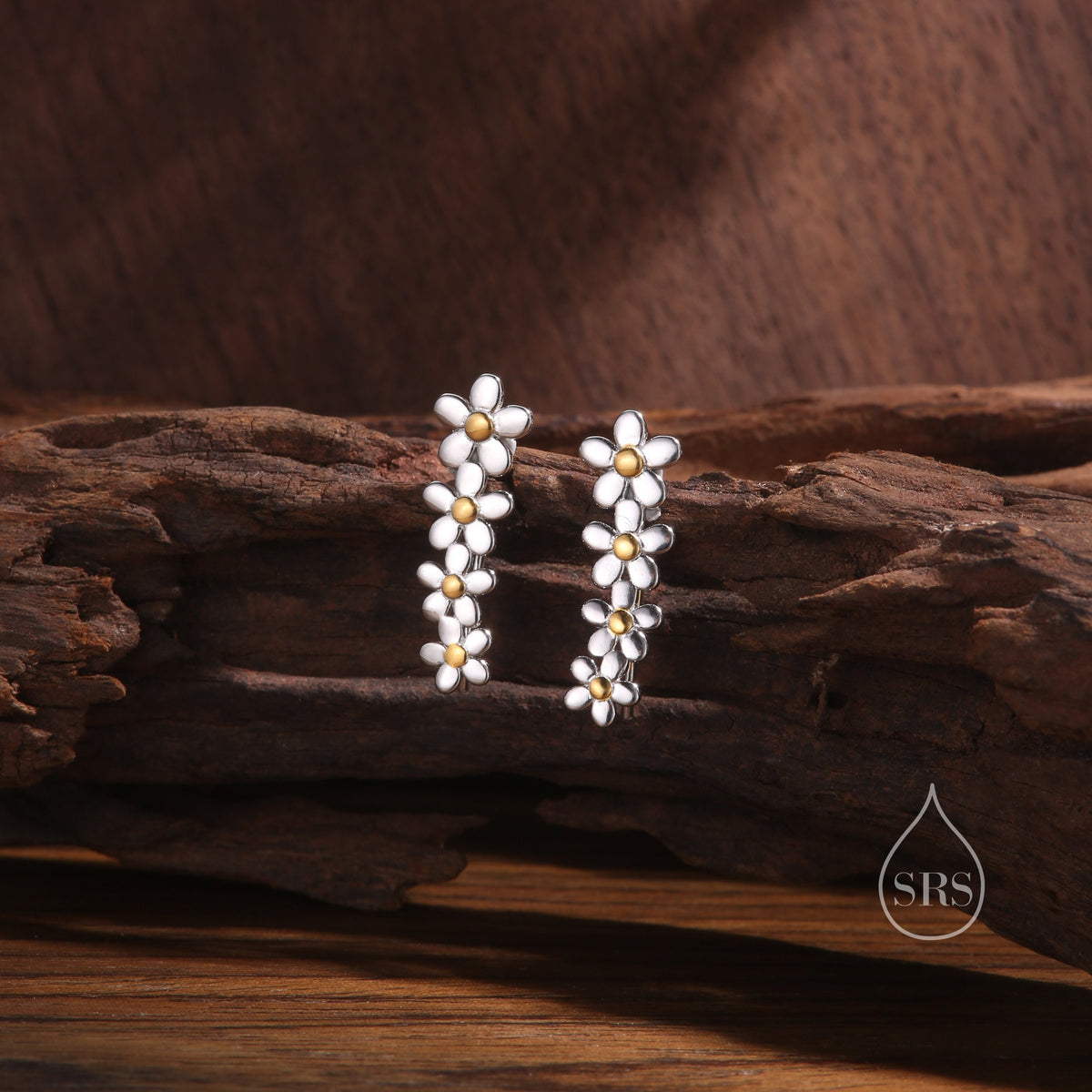 Forget-me-not Flower Crawler Earrings in Sterling Silver, Two Tone Finish, Daisy Chain, Flower Earrings, Ear Climbers
