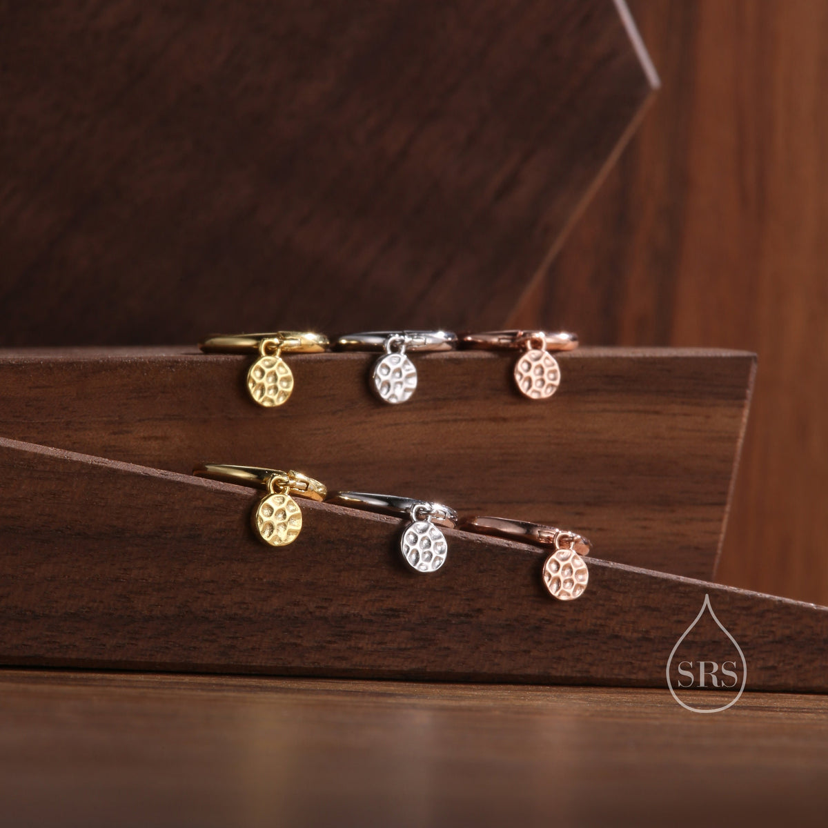 Tiny Hammered Disks Dangle Huggie Hoop in Sterling Silver, Silver or Gold or Rose Gold, Skinny Disks Earrings, Minimalist Hammered Disk Hoop