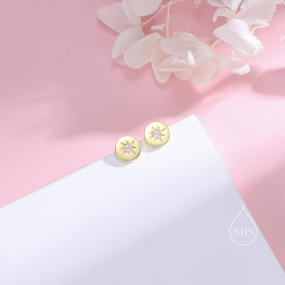 Starburst Disk Stud Earrings in Sterling Silver, Silver or Gold or Rose Gold, Star Earrings, Sunburst Earrings, Celestial Jewellery