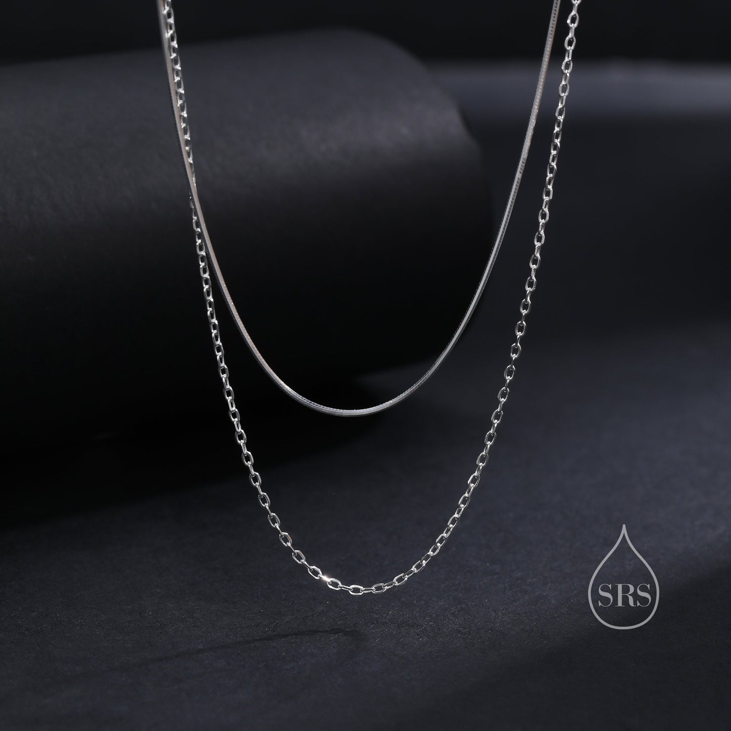 Double Layer Necklace in Sterling Silver with Dainty Chain and Snake Chain,  Silver or Gold or Rose Gold, Chain Necklace