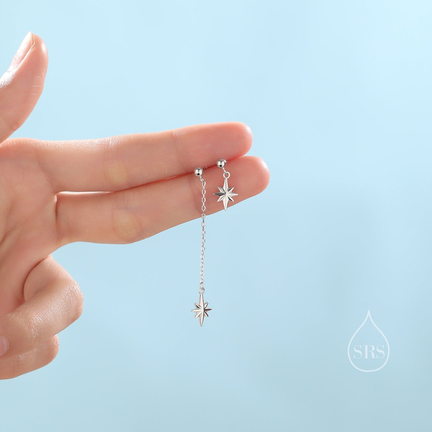 Asymmetric Tiny CZ Starburst Drop Stud Earrings in Sterling Silver, Silver, Gold or Rose Gold, North Star Earrings, Sunburst Earrings