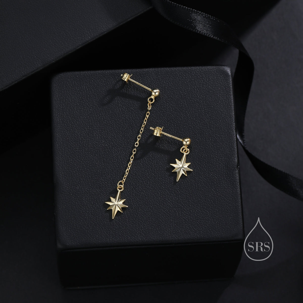 Asymmetric Tiny CZ Starburst Drop Stud Earrings in Sterling Silver, Silver, Gold or Rose Gold, North Star Earrings, Sunburst Earrings