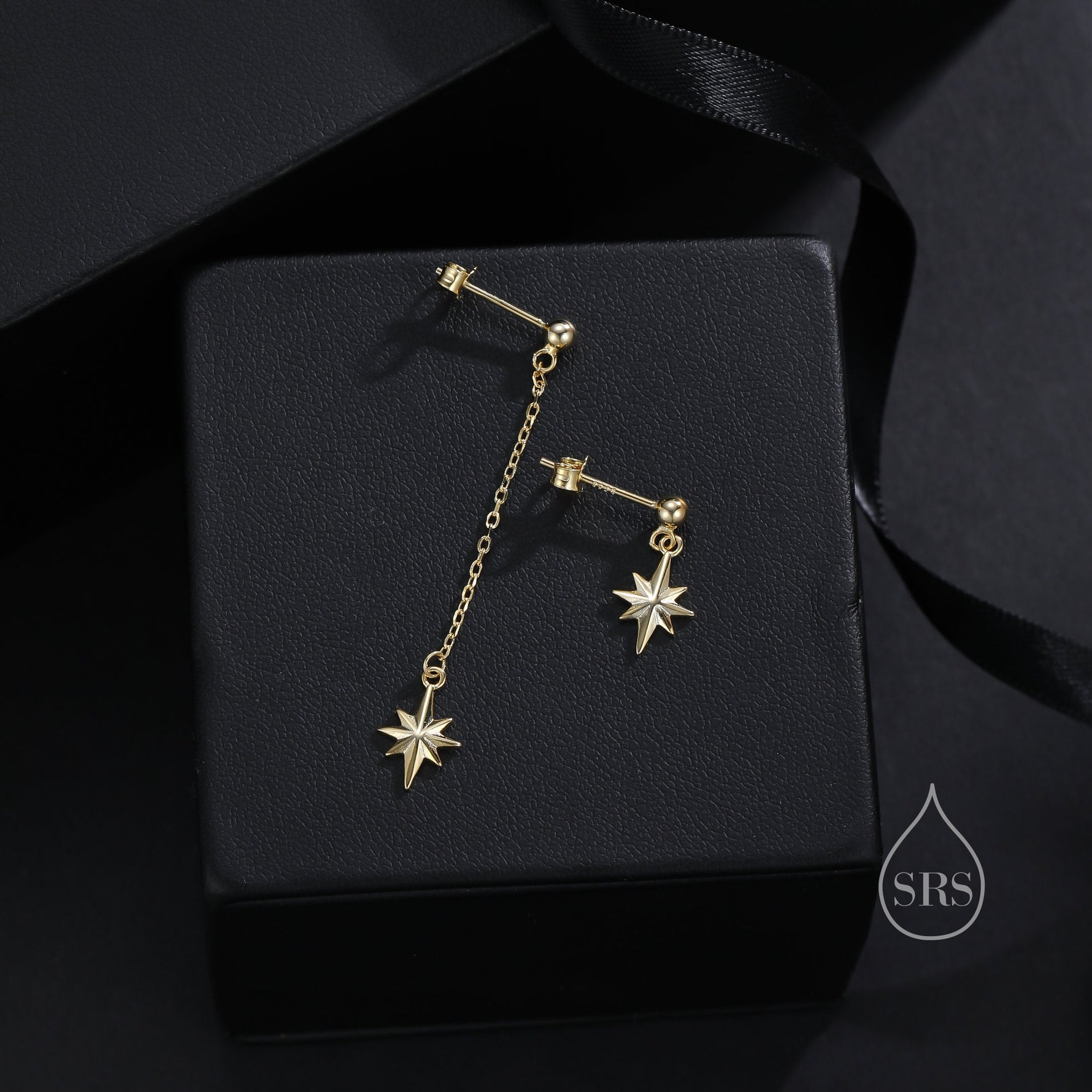 Asymmetric Tiny CZ Starburst Drop Stud Earrings in Sterling Silver, Silver, Gold or Rose Gold, North Star Earrings, Sunburst Earrings