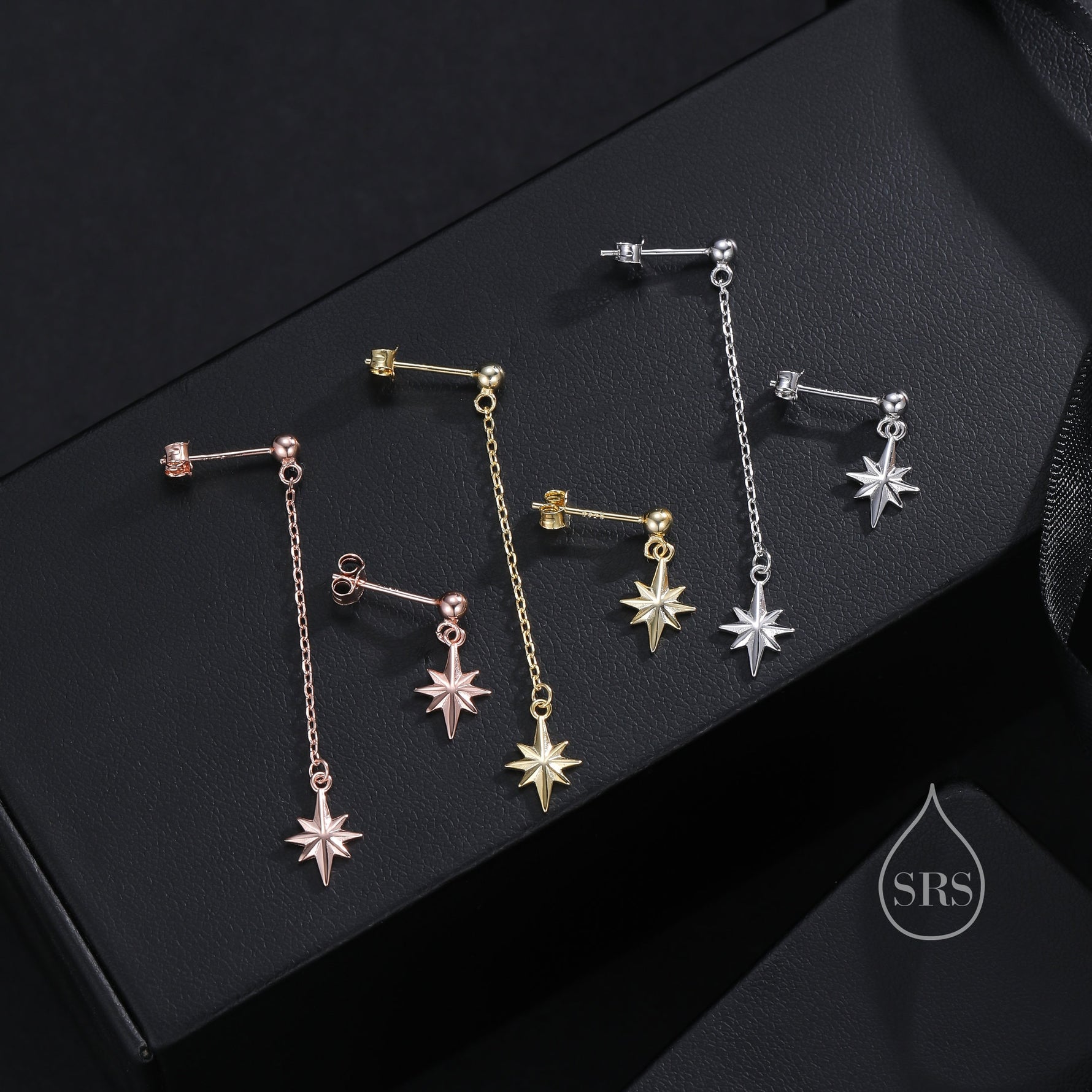 Asymmetric Tiny CZ Starburst Drop Stud Earrings in Sterling Silver, Silver, Gold or Rose Gold, North Star Earrings, Sunburst Earrings