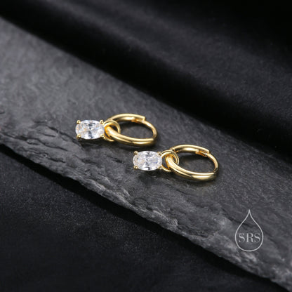 Oval CZ Huggie Hoop in Sterling Silver, Silver or Gold, Minimalist Simple Hoop Earrings, Detachable and Interchangeable