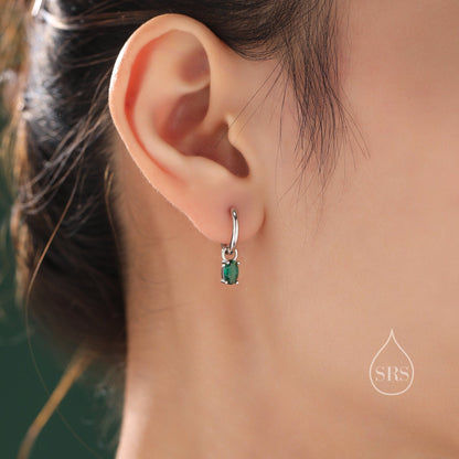 Oval Emerald Green CZ Huggie Hoop in Sterling Silver, Silver or Gold, Minimalist Simple Hoop Earrings, Detachable and Interchangeable