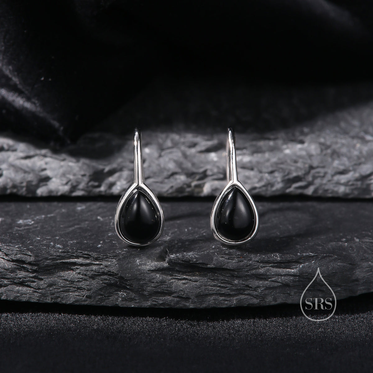 Genuine Black Onyx Pear Cut Drop Hook Earrings in Sterling Silver, Delicate Natural Black Onyx Earrings, Pear Droplet Black Onyx Earrings