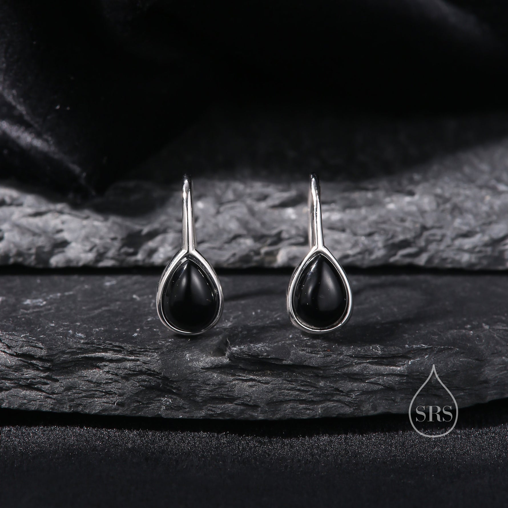 Genuine Black Onyx Pear Cut Drop Hook Earrings in Sterling Silver, Delicate Natural Black Onyx Earrings, Pear Droplet Black Onyx Earrings
