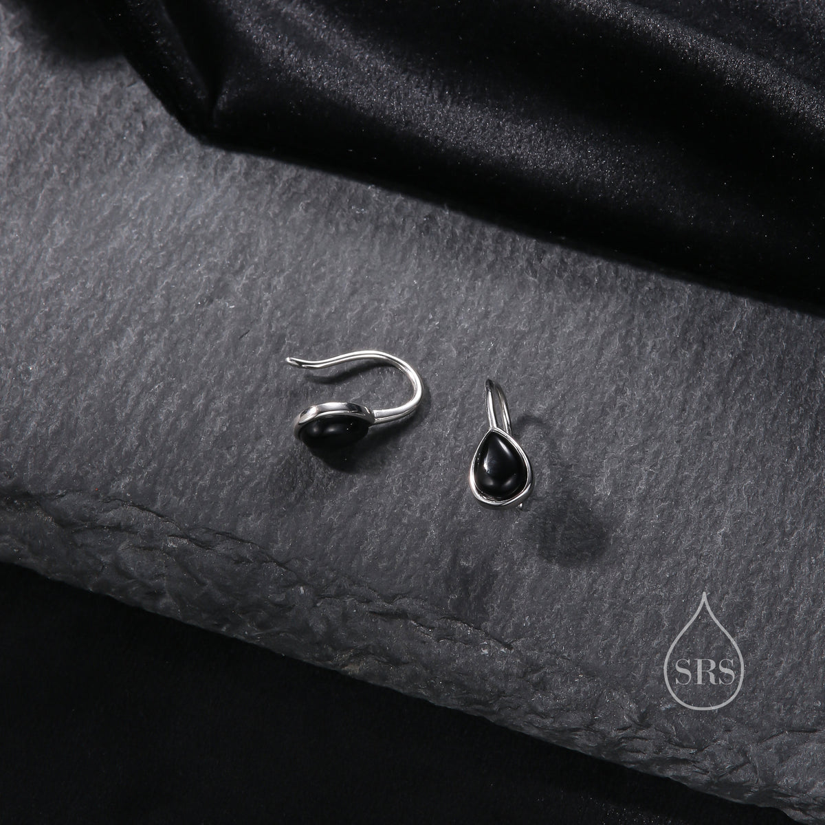 Genuine Black Onyx Pear Cut Drop Hook Earrings in Sterling Silver, Delicate Natural Black Onyx Earrings, Pear Droplet Black Onyx Earrings
