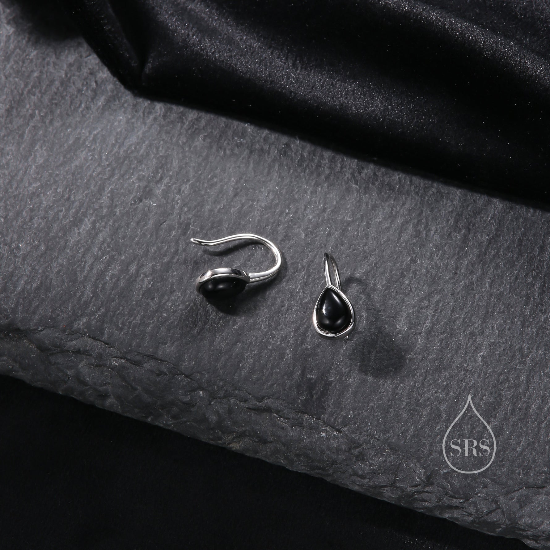 Genuine Black Onyx Pear Cut Drop Hook Earrings in Sterling Silver, Delicate Natural Black Onyx Earrings, Pear Droplet Black Onyx Earrings