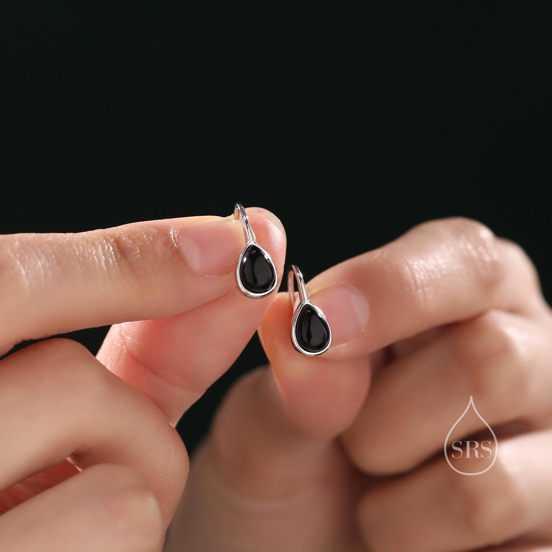 Genuine Black Onyx Pear Cut Drop Hook Earrings in Sterling Silver, Delicate Natural Black Onyx Earrings, Pear Droplet Black Onyx Earrings
