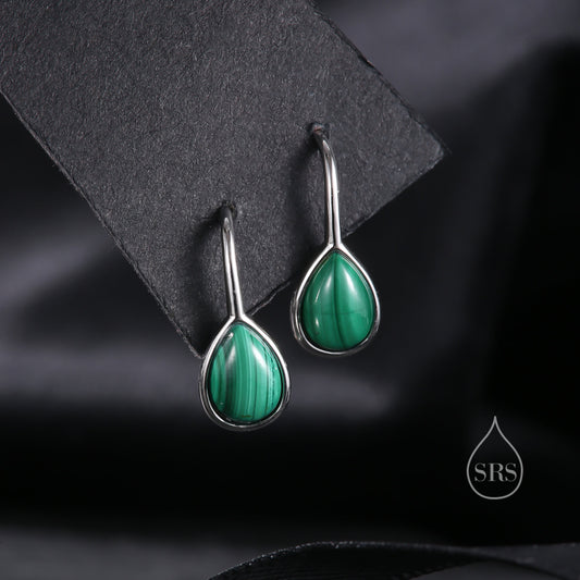 Genuine Malachite Pear Cut Drop Hook Earrings in Sterling Silver, Delicate Natural Green Malachite Earrings, Pear Droplet Malachite Earrings