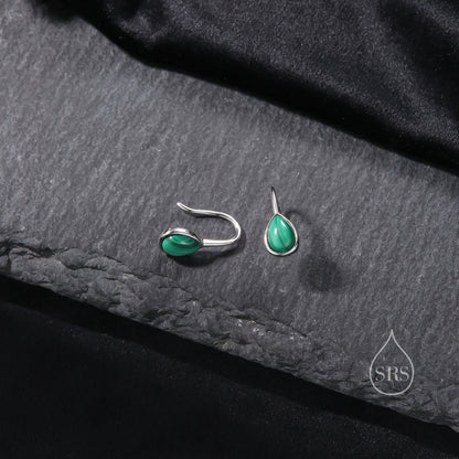 Genuine Malachite Pear Cut Drop Hook Earrings in Sterling Silver, Delicate Natural Green Malachite Earrings, Pear Droplet Malachite Earrings