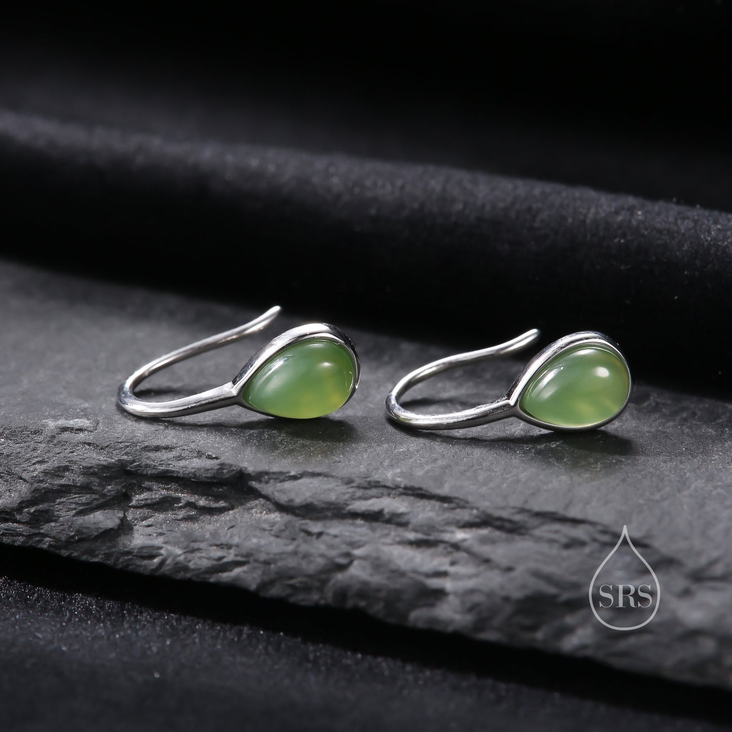 Genuine Green Jade Pear Cut Drop Hook Earrings in Sterling Silver, Delicate Natural Green Jade Earrings, Pear Droplet Green Jade Earrings