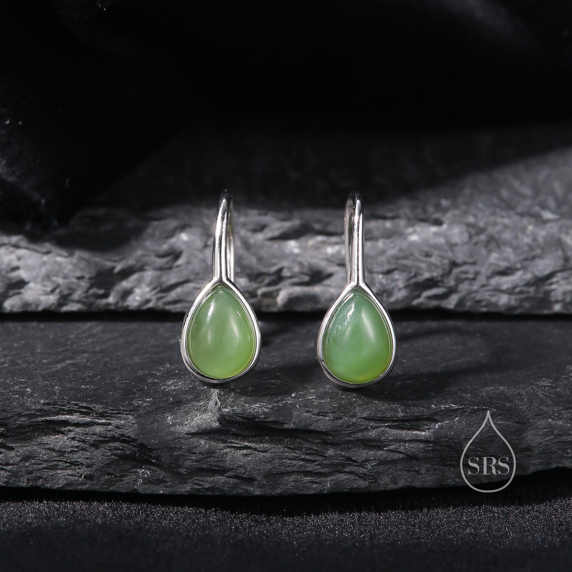 Genuine Green Jade Pear Cut Drop Hook Earrings in Sterling Silver, Delicate Natural Green Jade Earrings, Pear Droplet Green Jade Earrings