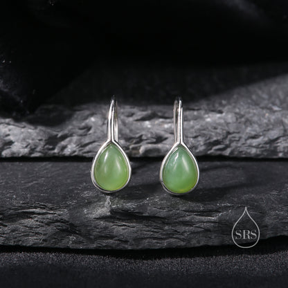 Genuine Green Jade Pear Cut Drop Hook Earrings in Sterling Silver, Delicate Natural Green Jade Earrings, Pear Droplet Green Jade Earrings