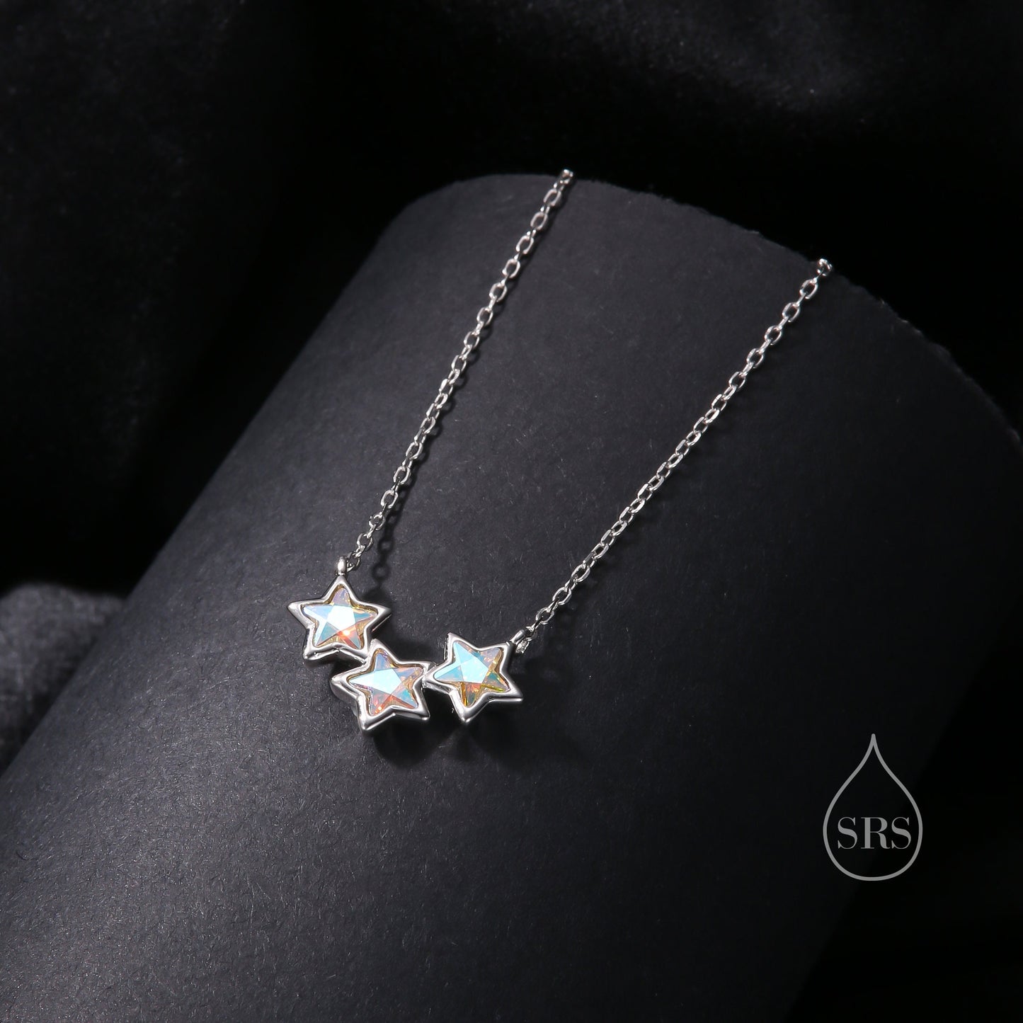 Aurora CZ Triple Star Pendant Necklace in Sterling Silver, Silver or Gold, Three Star AB Crystal Necklace, Minimal Star Pendant