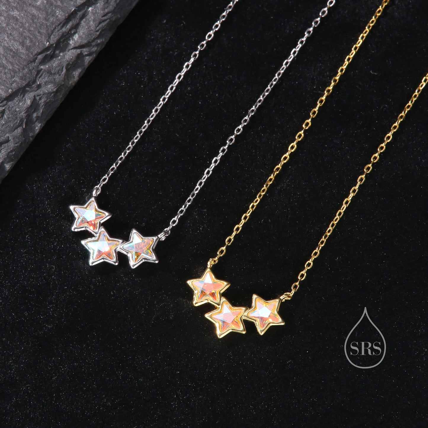 Aurora CZ Triple Star Pendant Necklace in Sterling Silver, Silver or Gold, Three Star AB Crystal Necklace, Minimal Star Pendant