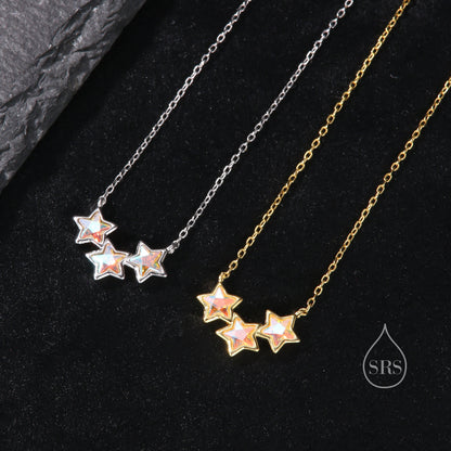 Aurora CZ Triple Star Pendant Necklace in Sterling Silver, Silver or Gold, Three Star AB Crystal Necklace, Minimal Star Pendant