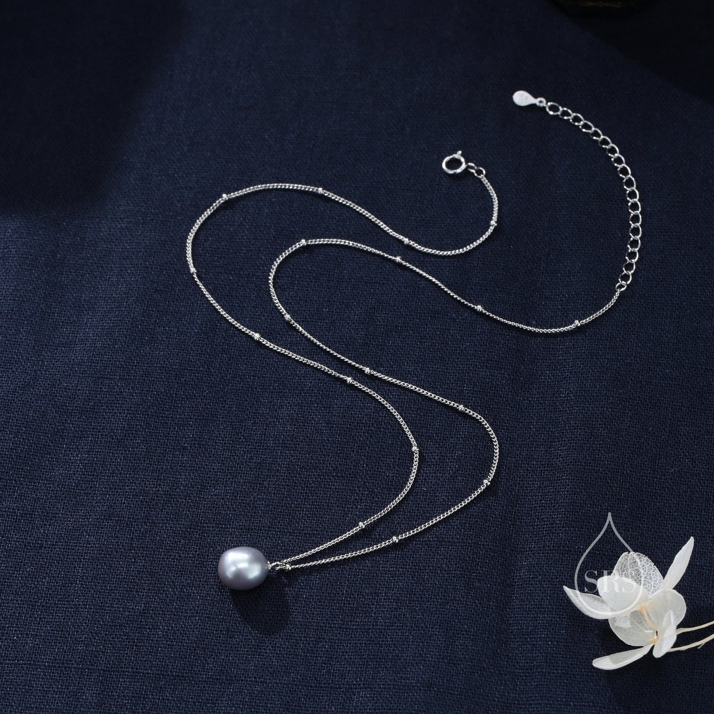 Natural Black Pearl Necklace in Sterling Silver with a Satellite Chain, Genuine Oval Freshwater Pearl Pendant Necklace in Sterling Silver