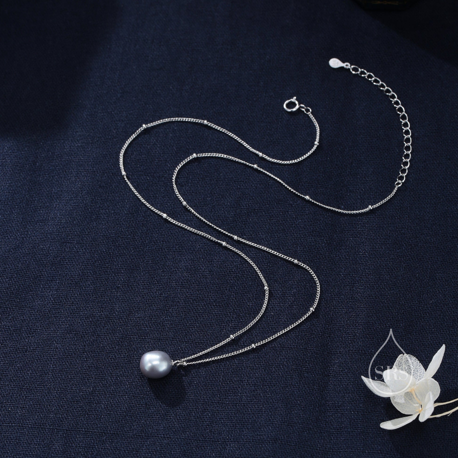 Natural Black Pearl Necklace in Sterling Silver with a Satellite Chain, Genuine Oval Freshwater Pearl Pendant Necklace in Sterling Silver