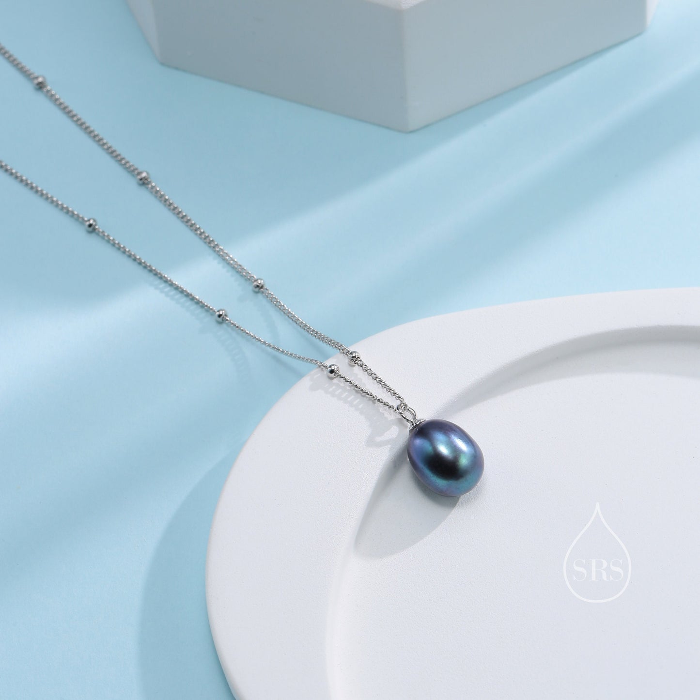 Natural Black Pearl Necklace in Sterling Silver with a Satellite Chain, Genuine Oval Freshwater Pearl Pendant Necklace in Sterling Silver