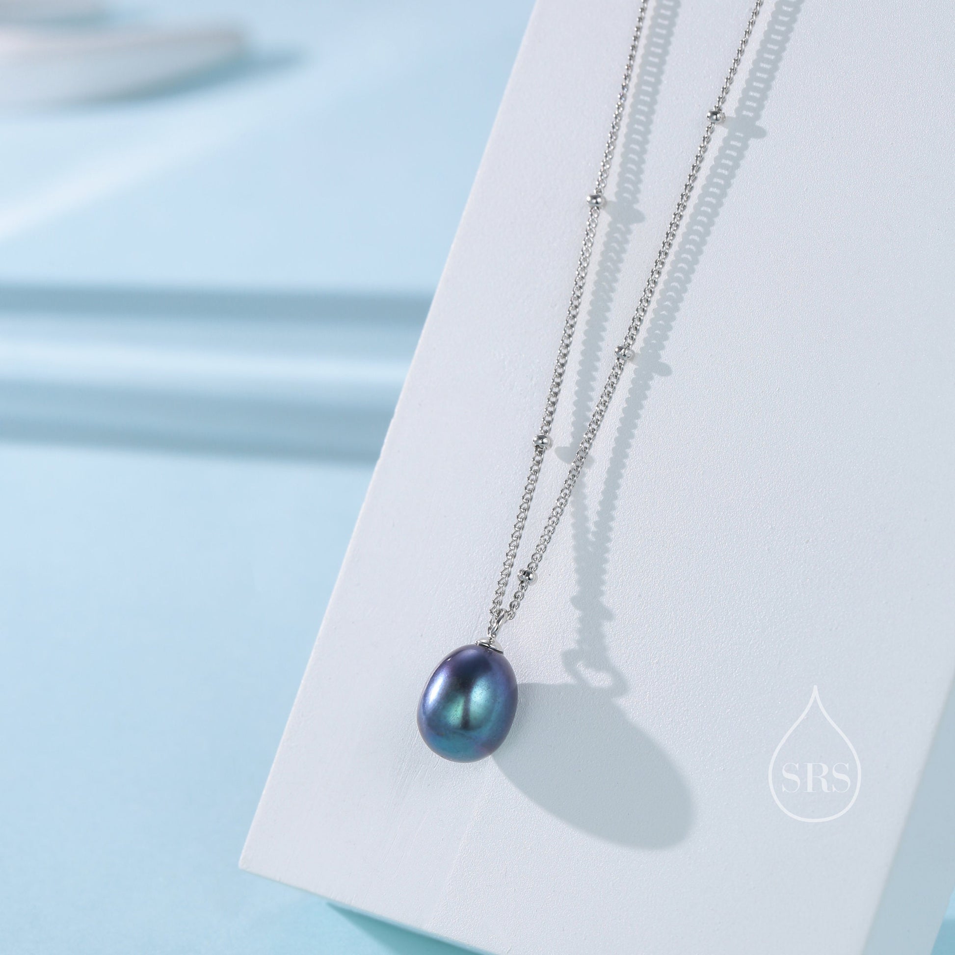 Natural Black Pearl Necklace in Sterling Silver with a Satellite Chain, Genuine Oval Freshwater Pearl Pendant Necklace in Sterling Silver