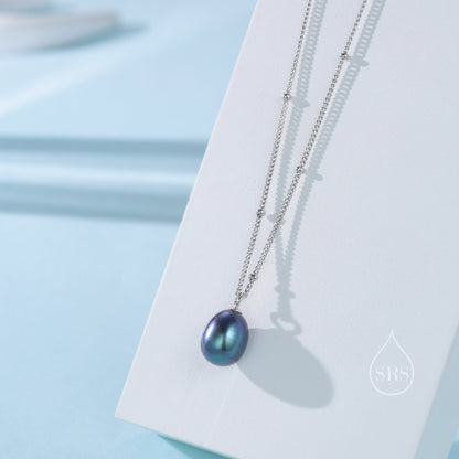 Natural Black Pearl Necklace in Sterling Silver with a Satellite Chain, Genuine Oval Freshwater Pearl Pendant Necklace in Sterling Silver