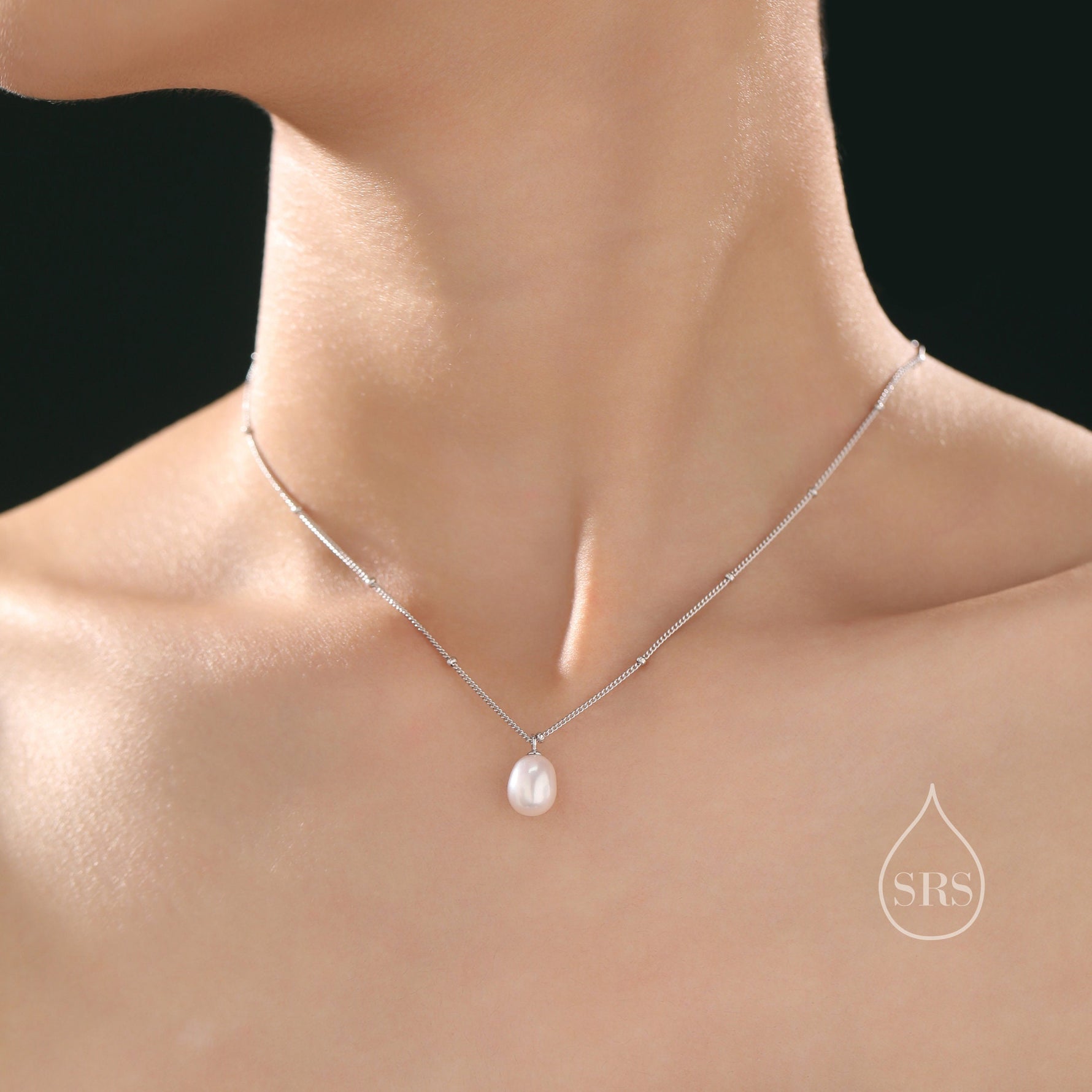 Natural Oval Pearl Necklace in Sterling Silver with a Satellite Chain, Genuine Oval Freshwater Pearl Pendant Necklace in Sterling Silver