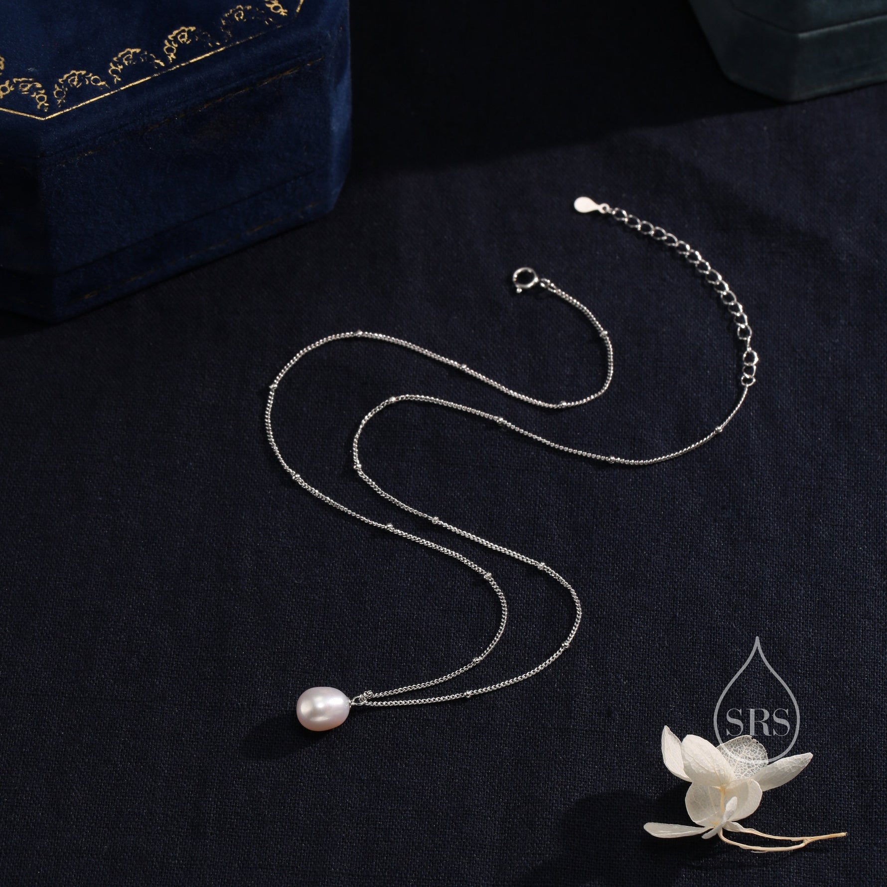 Natural Oval Pearl Necklace in Sterling Silver with a Satellite Chain, Genuine Oval Freshwater Pearl Pendant Necklace in Sterling Silver