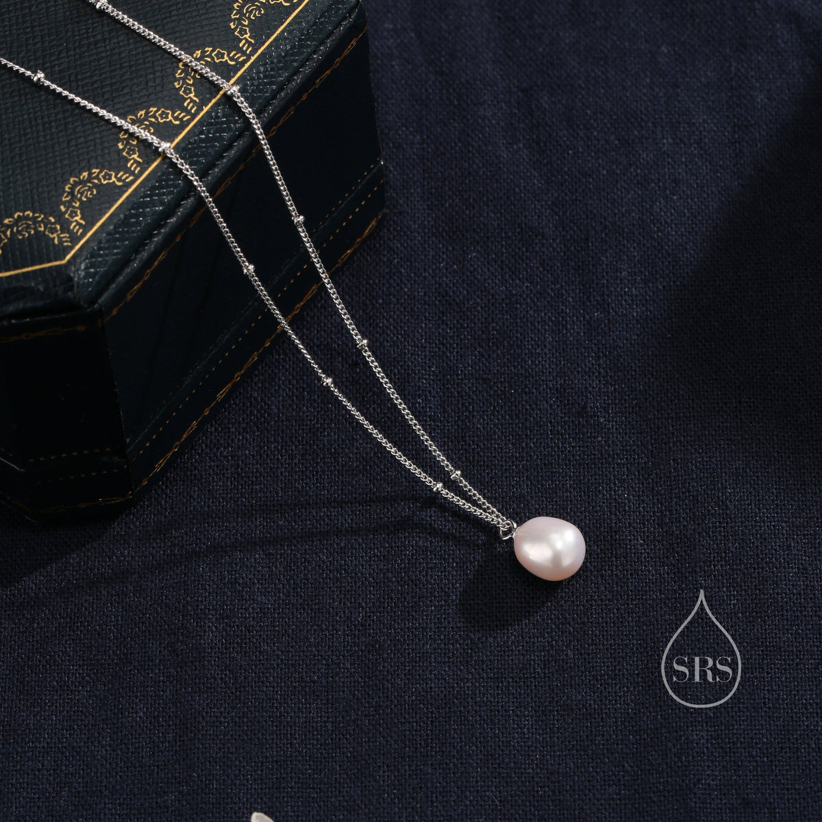 Natural Oval Pearl Necklace in Sterling Silver with a Satellite Chain, Genuine Oval Freshwater Pearl Pendant Necklace in Sterling Silver