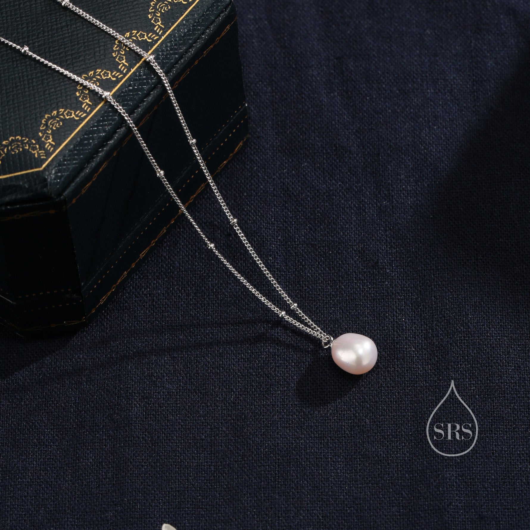 Natural Oval Pearl Necklace in Sterling Silver with a Satellite Chain, Genuine Oval Freshwater Pearl Pendant Necklace in Sterling Silver