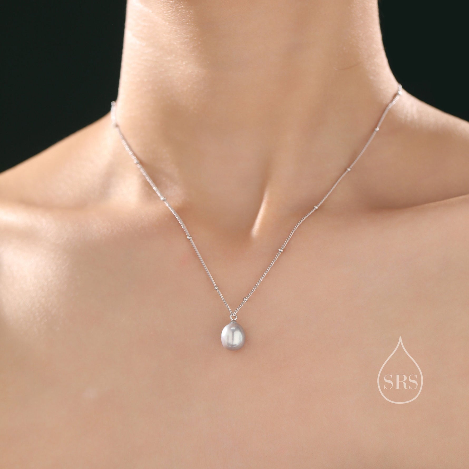 Natural Grey Pearl Necklace in Sterling Silver with a Satellite Chain, Genuine Oval Freshwater Pearl Pendant Necklace in Sterling Silver