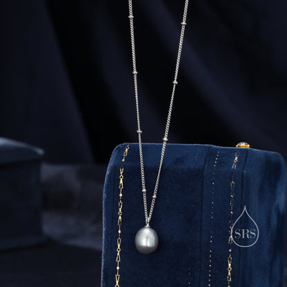 Natural Grey Pearl Necklace in Sterling Silver with a Satellite Chain, Genuine Oval Freshwater Pearl Pendant Necklace in Sterling Silver