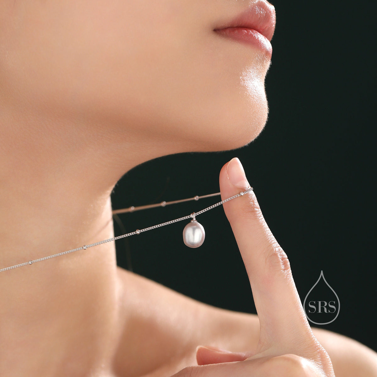 Natural Grey Pearl Necklace in Sterling Silver with a Satellite Chain, Genuine Oval Freshwater Pearl Pendant Necklace in Sterling Silver