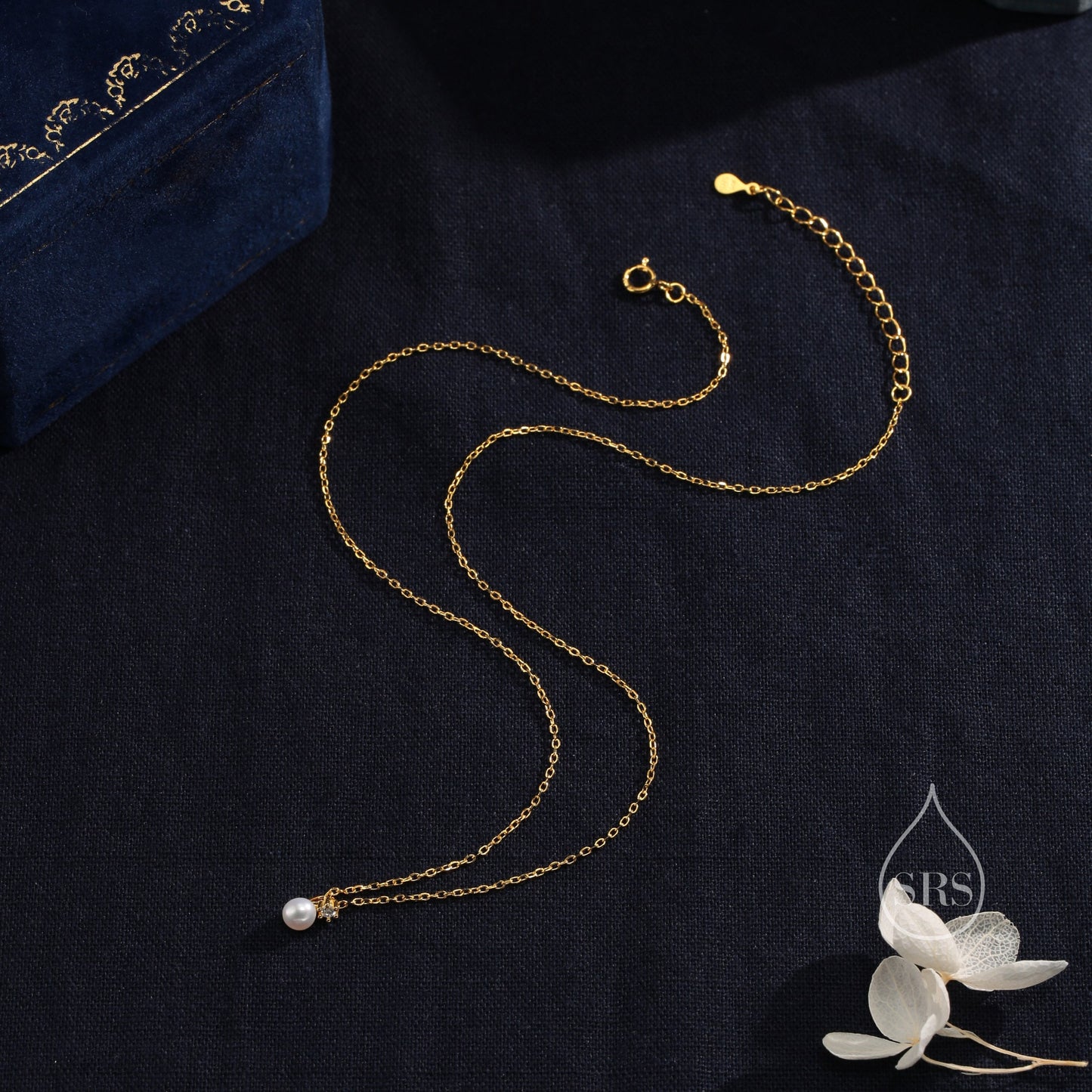 Natural Pearl and CZ Necklace in Sterling Silver with a Satellite Chain, Genuine Freshwater Pearl Pendant Necklace in Sterling Silver