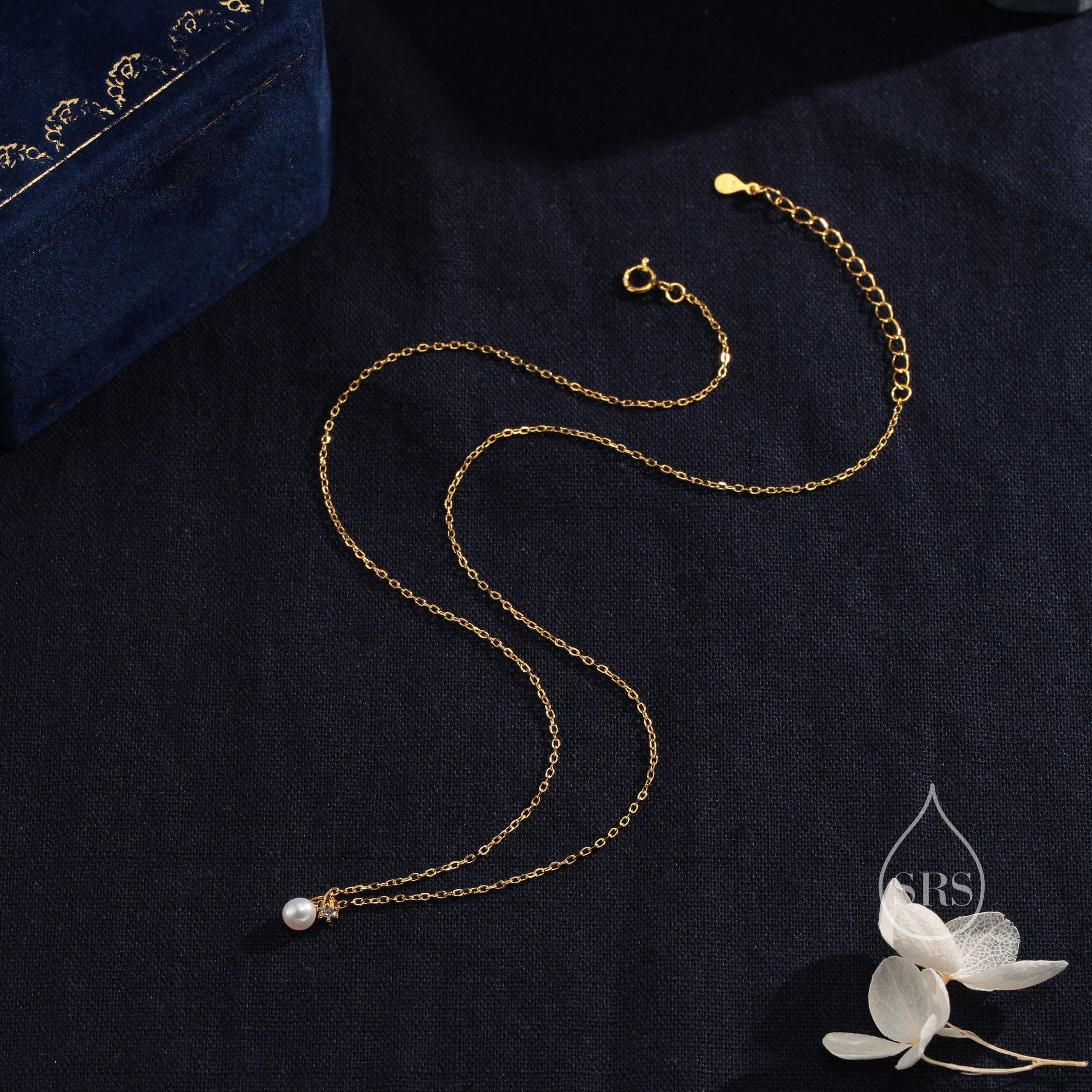 Natural Pearl and CZ Necklace in Sterling Silver with a Satellite Chain, Genuine Freshwater Pearl Pendant Necklace in Sterling Silver