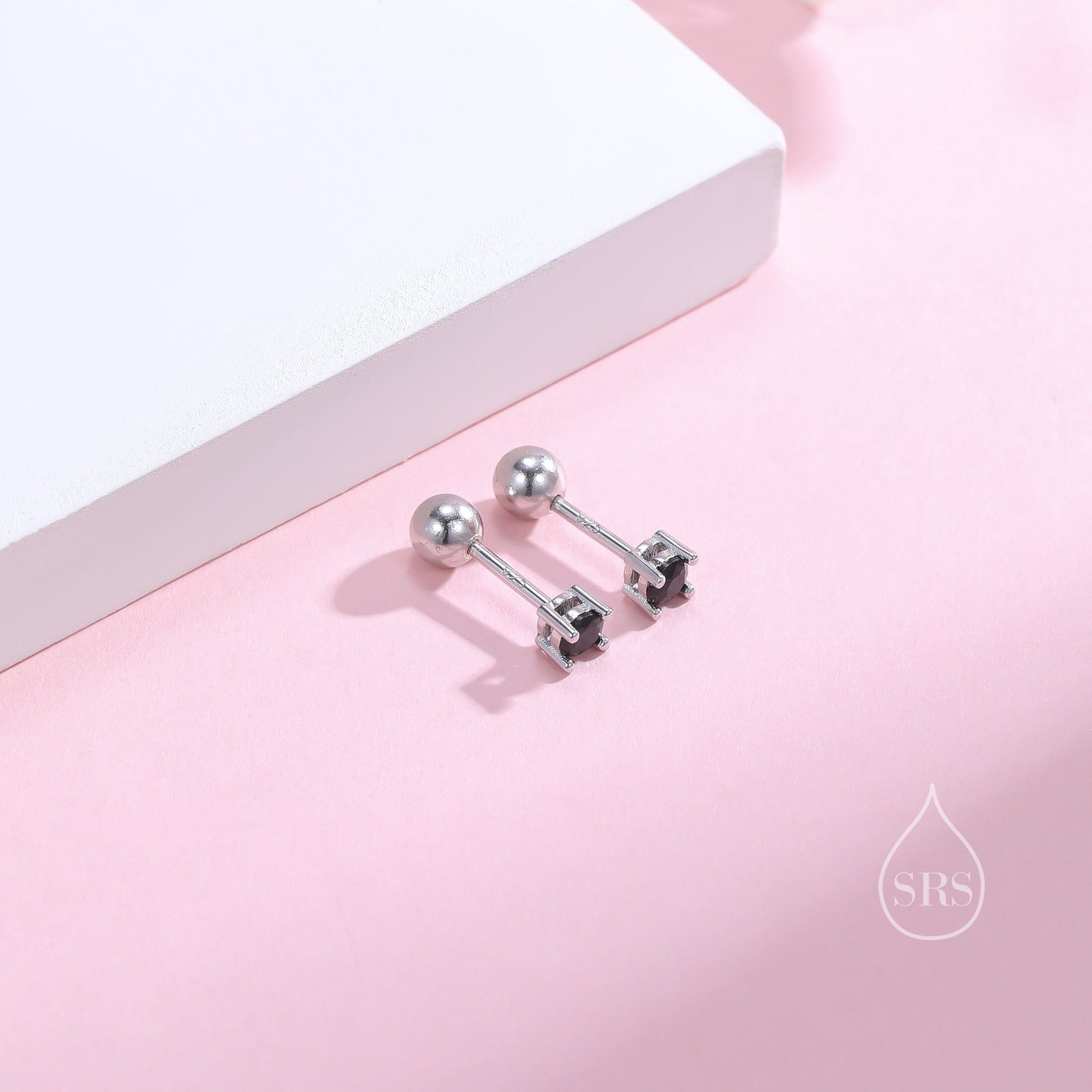 Black CZ Internally Threaded Flat Back / Screw Back Earrings in Sterling Silver,4mm CZ, Black CZ Barbell Earrings, Silver or Gold