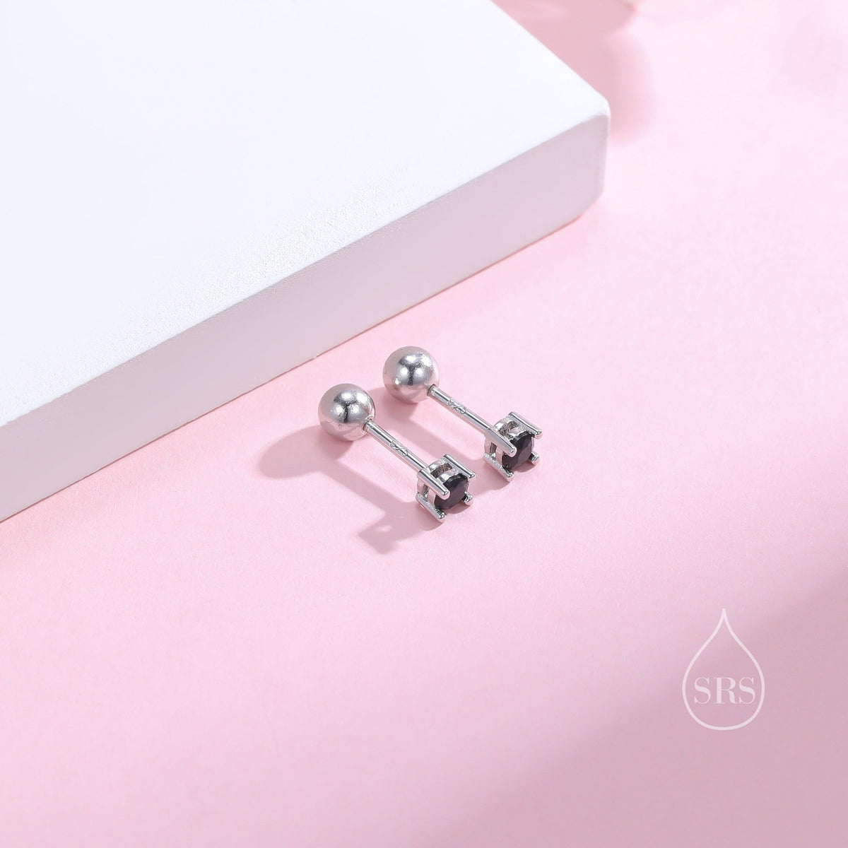 Tiny Black CZ Screw Back Earrings in Sterling Silver, 3mm or 4mm or 5mm CZ, Stacking Earrings, Black CZ Barbell Earrings, Helix Earrings
