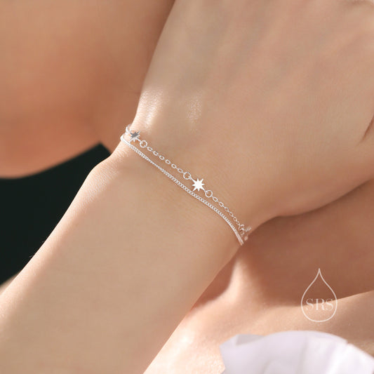 Starburst Two Layer Bracelet in Sterling Silver, Silver or Gold or Rose Gold, Double Layer Starburst Bracelet, Starburst Duo Layer Bracelet