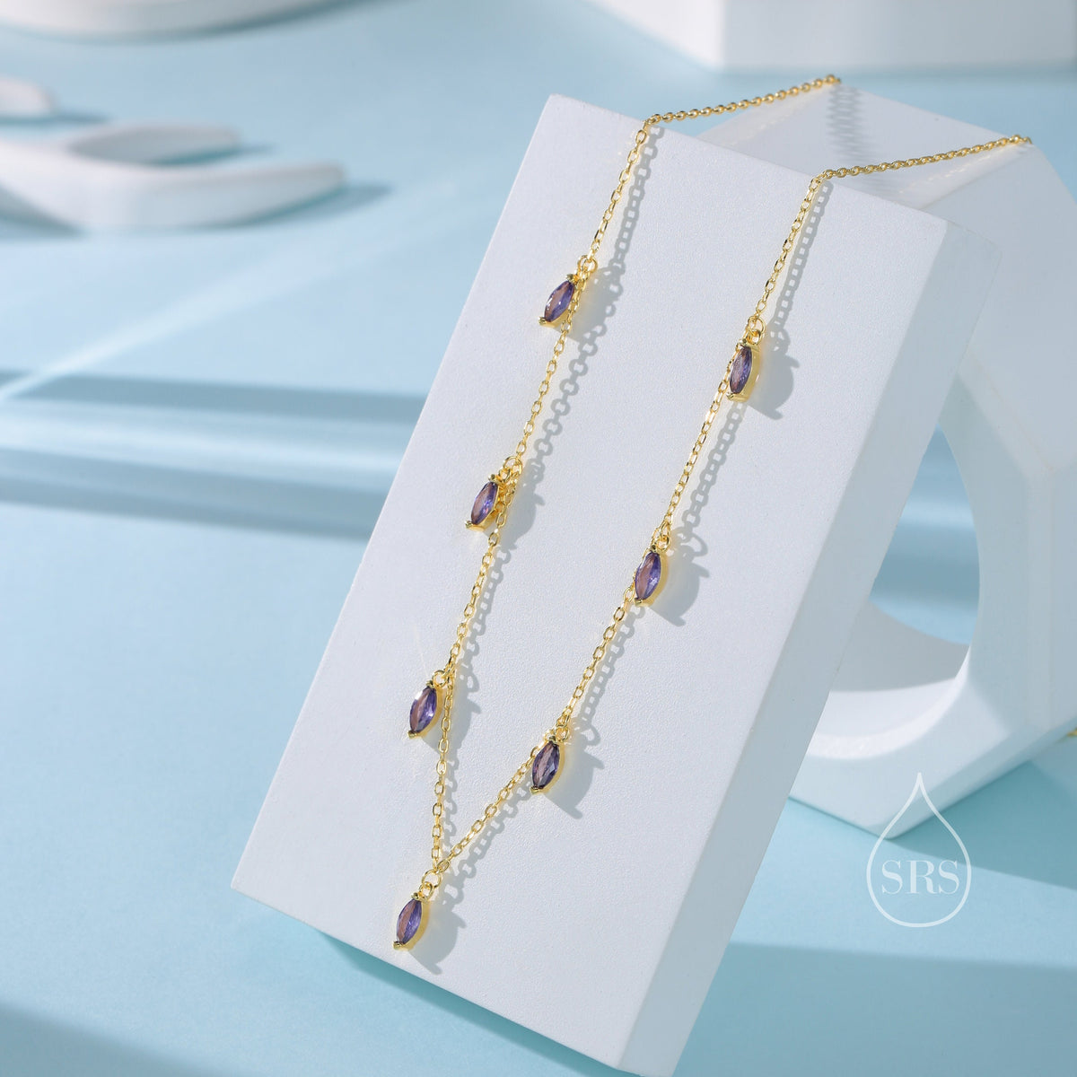 Amethyst Purple CZ Marquise Pendant Necklace in Sterling Silver, Silver or Gold, Marquise Charm Necklace, Droplet Satellite Necklace