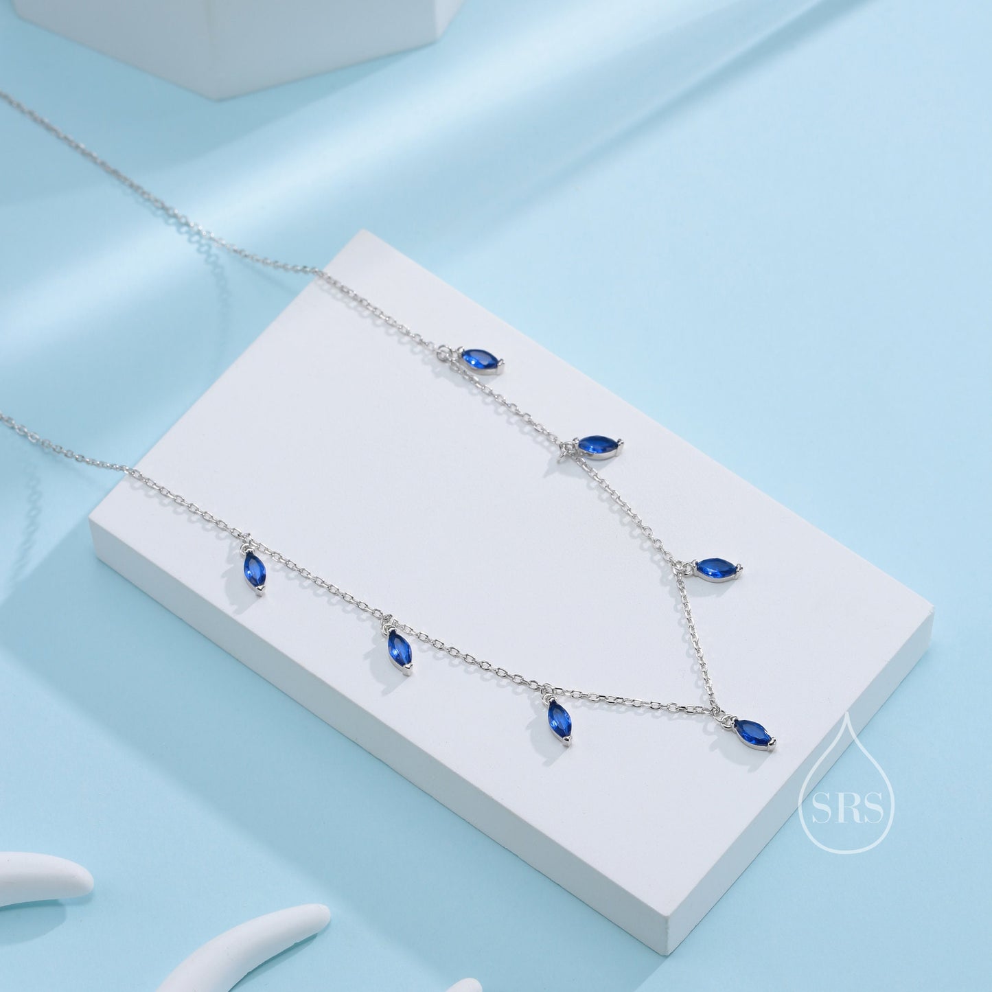 Sapphire Blue CZ Marquise Pendant Necklace in Sterling Silver, Silver or Gold, Marquise Charm Necklace, Droplet Satellite Necklace