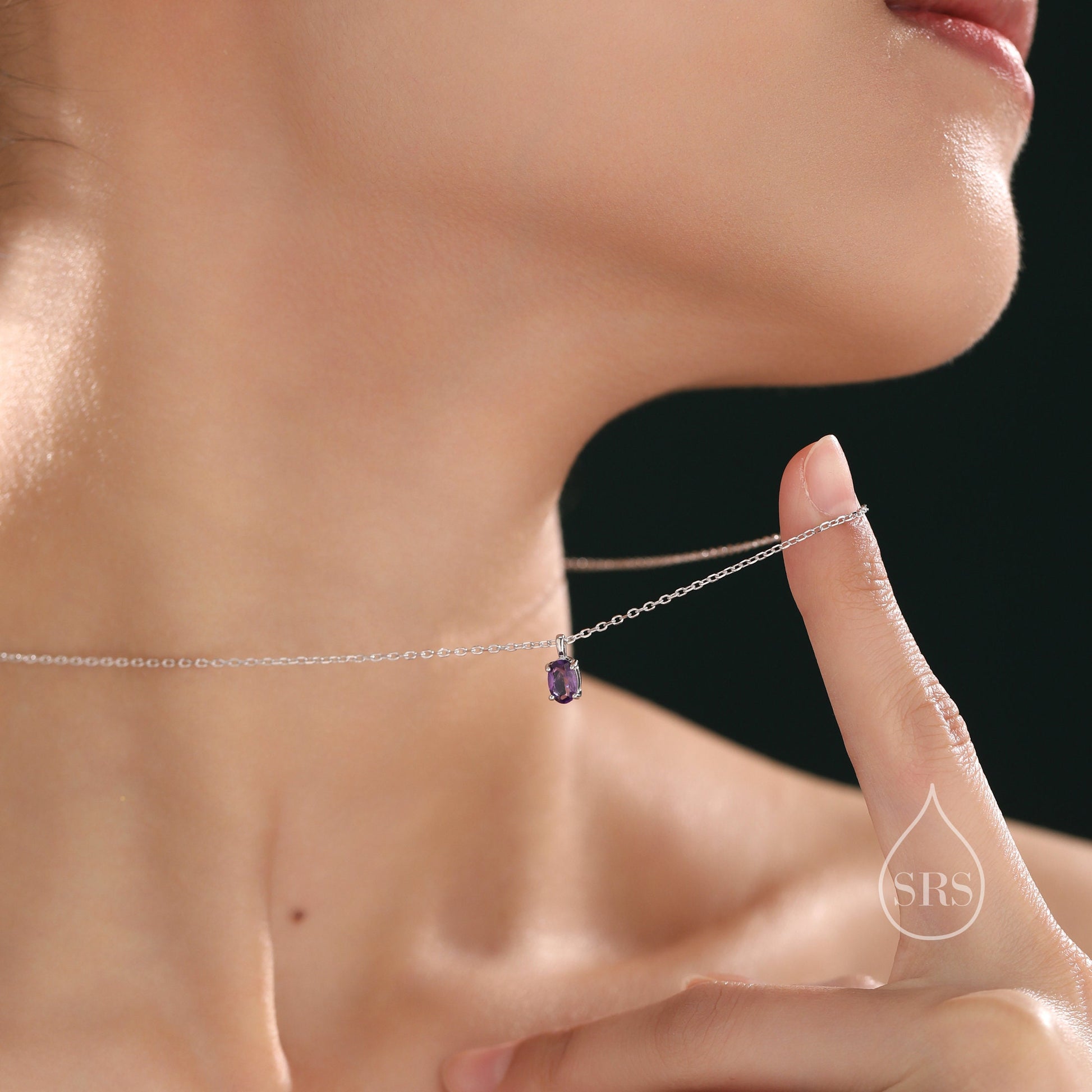 Extra Tiny Genuine Amethyst Crystal Oval Pendant Necklace in Sterling Silver, 4x6mm Tiny Oval Natural Amethyst Necklace, February Birthstone