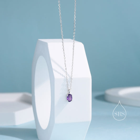 Extra Tiny Genuine Amethyst Crystal Oval Pendant Necklace in Sterling Silver, 4x6mm Tiny Oval Natural Amethyst Necklace, February Birthstone